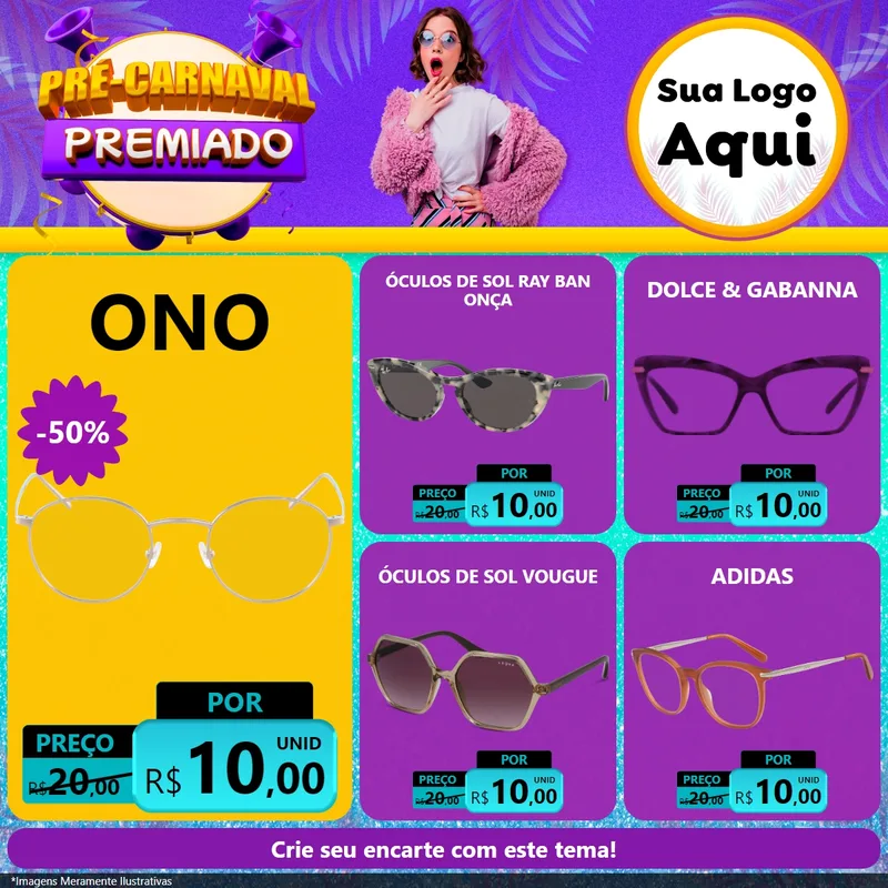 Modelo de Rede Social para Feed Facebook com o tema Pré-Carnaval Premiado para Óticas