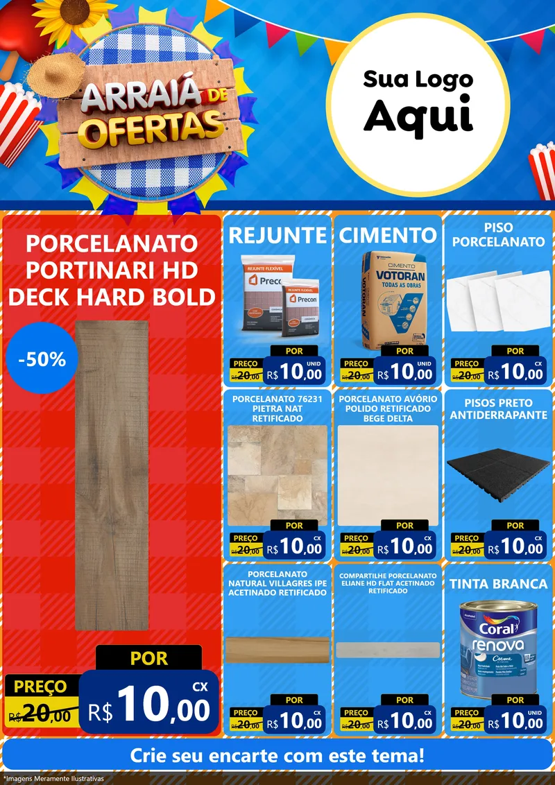 Modelo de Encarte para Encarte A4 Vertical com o tema Arraiá de Ofertas para Pisos e revestimentos