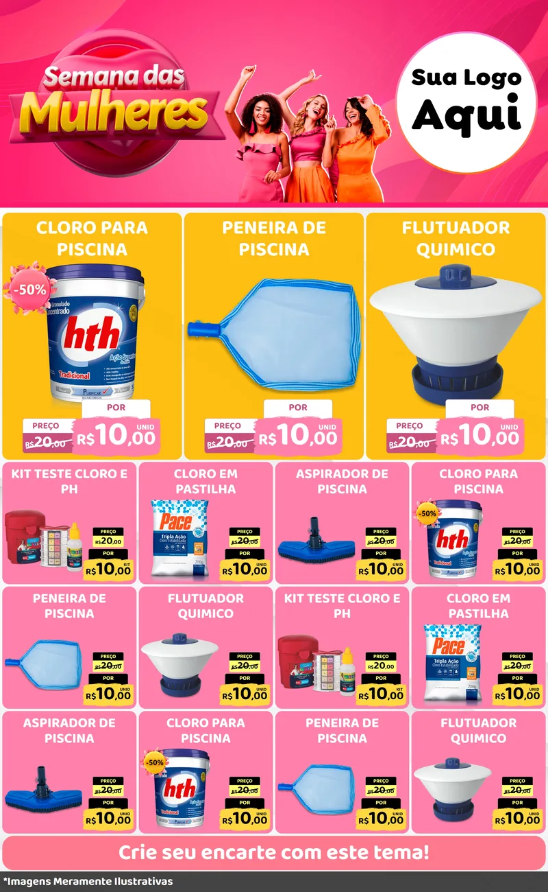 Modelo de Encarte para Encarte Grande com o tema Semana das Mulheres para Produtos para Piscina