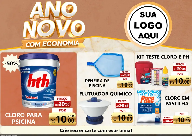 Modelo de Encarte para Encarte A4 Horizontal com o tema Ano Novo Com Economia para Produtos para Piscina
