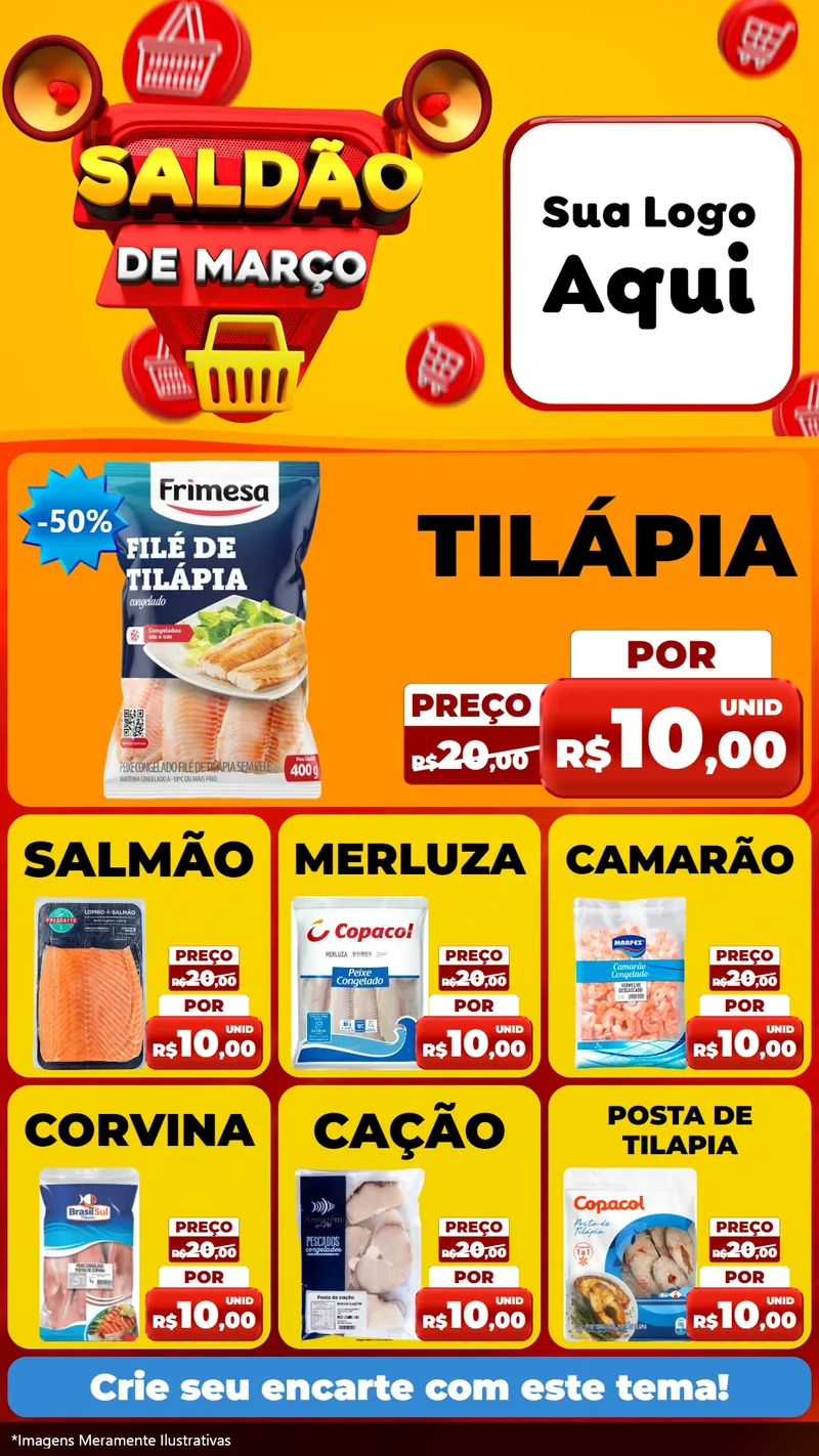 Modelo de Rede Social para Stories com o tema Saldão de Março para Peixaria