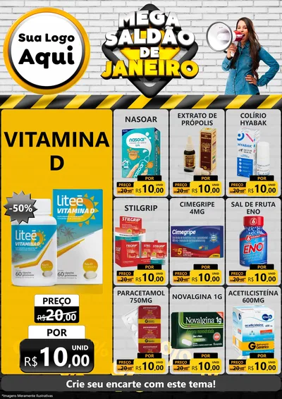 Modelo de Encarte para Encarte A4 Vertical com o tema Mega Saldão de Janeiro para Farmácia