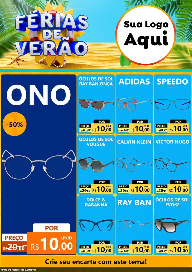 Modelo de Encarte para Encarte A4 Vertical com o tema Férias de Verão para Óticas