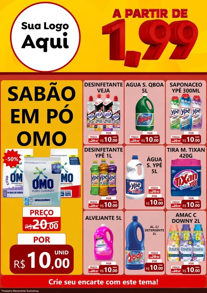 Modelo de Encarte para Encarte A4 Vertical com o tema A Partir de Um e Noventa e Nove - 1,99 para Produtos de Limpeza