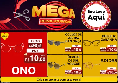 Modelo de Encarte para Encarte A4 Horizontal com o tema Mega Reinauguração para Óticas