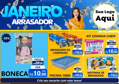 Modelo de Encarte para Encarte A4 Horizontal com o tema Janeiro Arrasador para Brinquedos