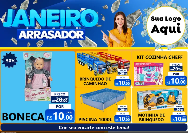 Modelo de Encarte para Encarte A4 Horizontal com o tema Janeiro Arrasador para Brinquedos