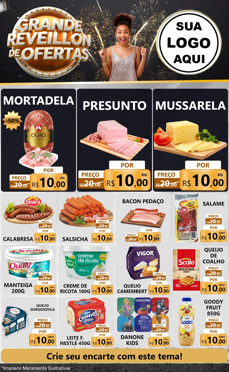 Modelo de Encarte para Encarte Grande com o tema Grande Réveillon de Ofertas para Frios e Laticínios