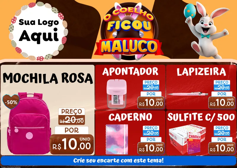 Modelo de Encarte para Encarte A4 Horizontal com o tema O Coelho Ficou Maluco - Páscoa para Papelaria