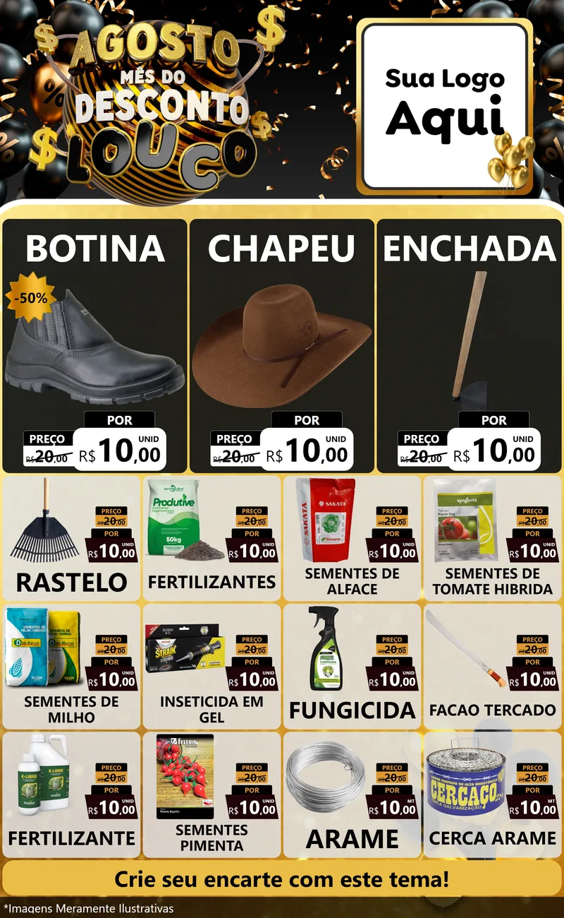 Modelo de Encarte para Encarte Grande com o tema Agosto Mês do Desconto Louco para Agropecuária