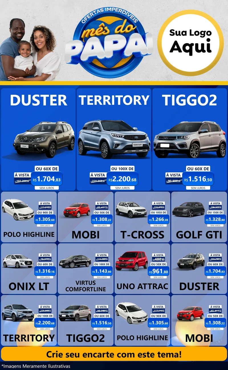 Modelo de Encarte para Encarte Grande com o tema Ofertas Imperdíveis Mês Do Papai para Concessionaria de Carros