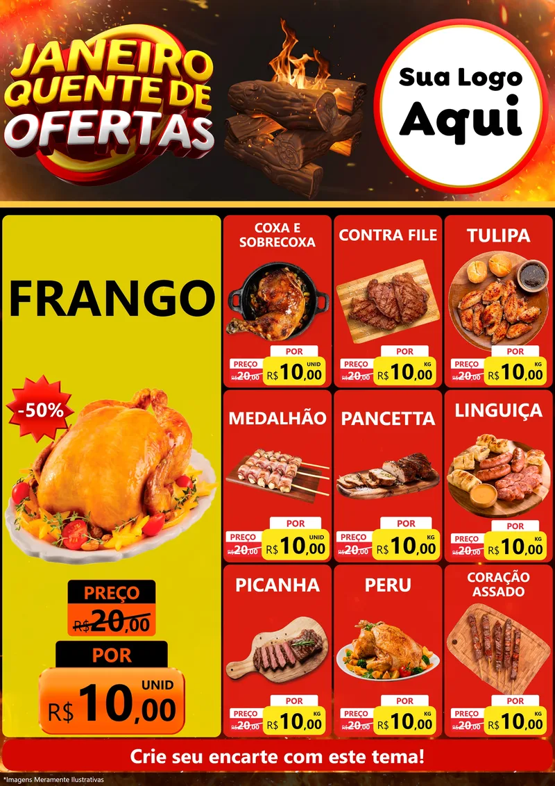 Modelo de Encarte para Encarte A4 Vertical com o tema Janeiro Quente de Ofertas para Assados