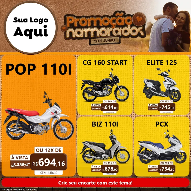Modelo de Rede Social para Feed Facebook com o tema Promoção Namorados para Concessionaria de Motos