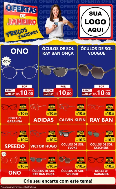 Modelo de Encarte para Encarte Grande com o tema Ofertas de Janeiro - Preços Incríveis para Óticas