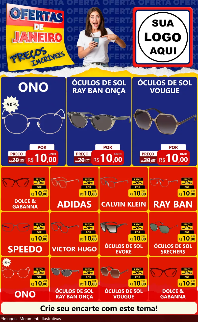 Modelo de Encarte para Encarte Grande com o tema Ofertas de Janeiro - Preços Incríveis para Óticas