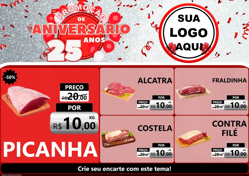 Modelo de Encarte para Encarte A4 Horizontal com o tema Promoção de Aniversário - 25Anos para Açougue