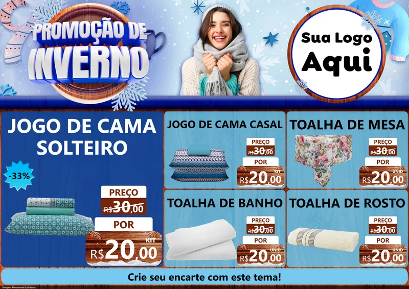 Modelo de Encarte para Encarte A4 Horizontal com o tema Promoção de Inverno para Cama, Mesa e Banho