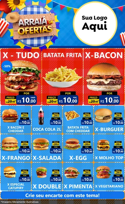 Modelo de Encarte para Encarte Grande com o tema Arraiá de Ofertas para Hamburgueria