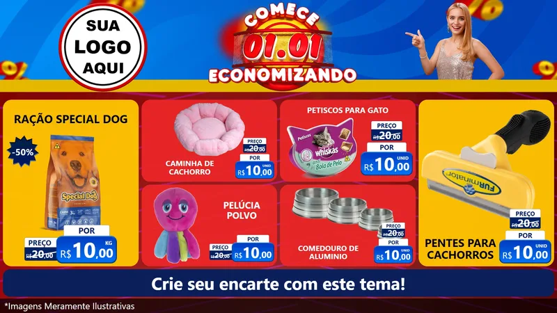 Modelo de TV para TV Horizontal com o tema Comece 1º de Janeiro Economizando para Pet Shop
