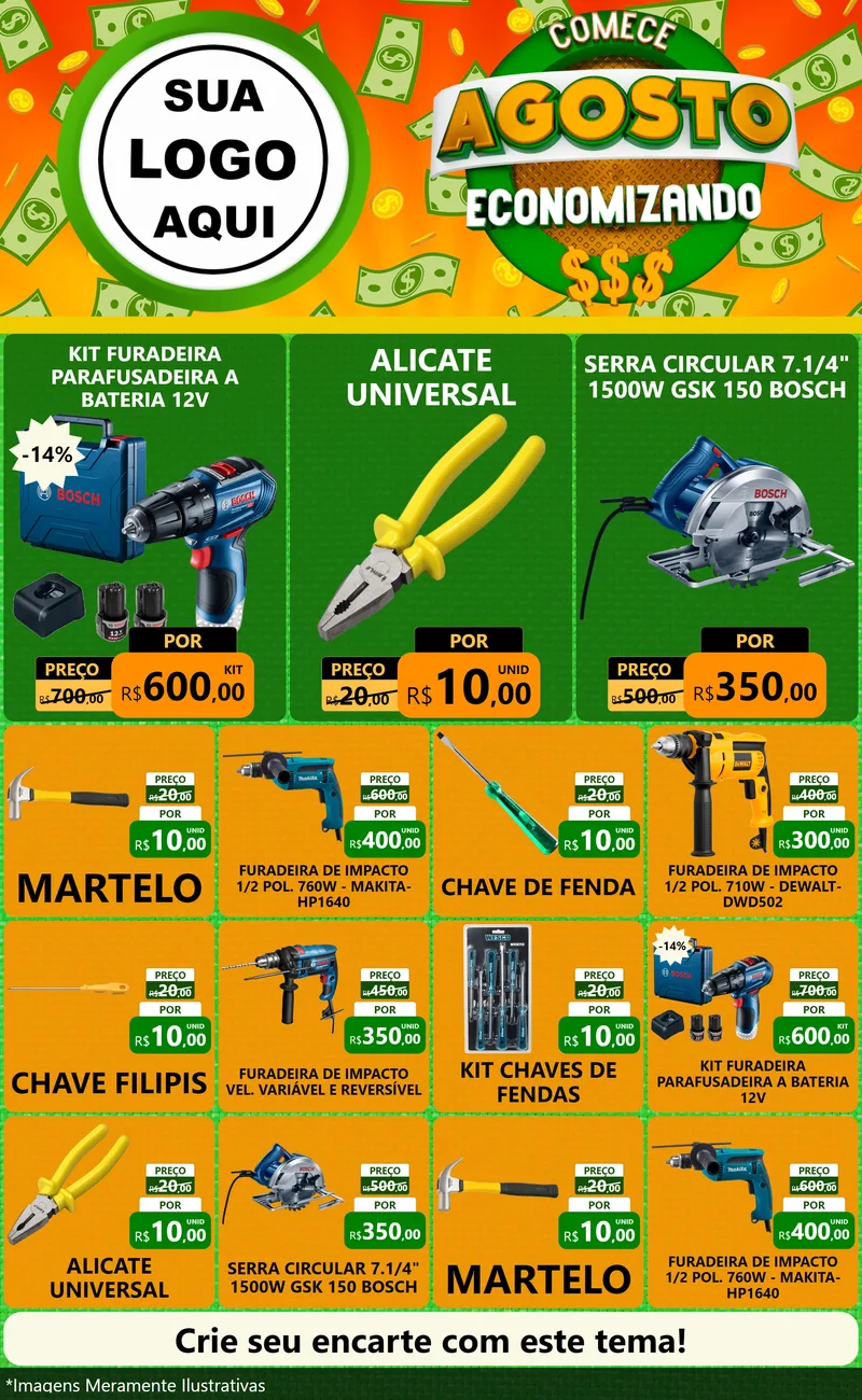 Modelo de Encarte para Encarte Grande com o tema Comece Agosto Economizando para Maquinas e Ferramentas