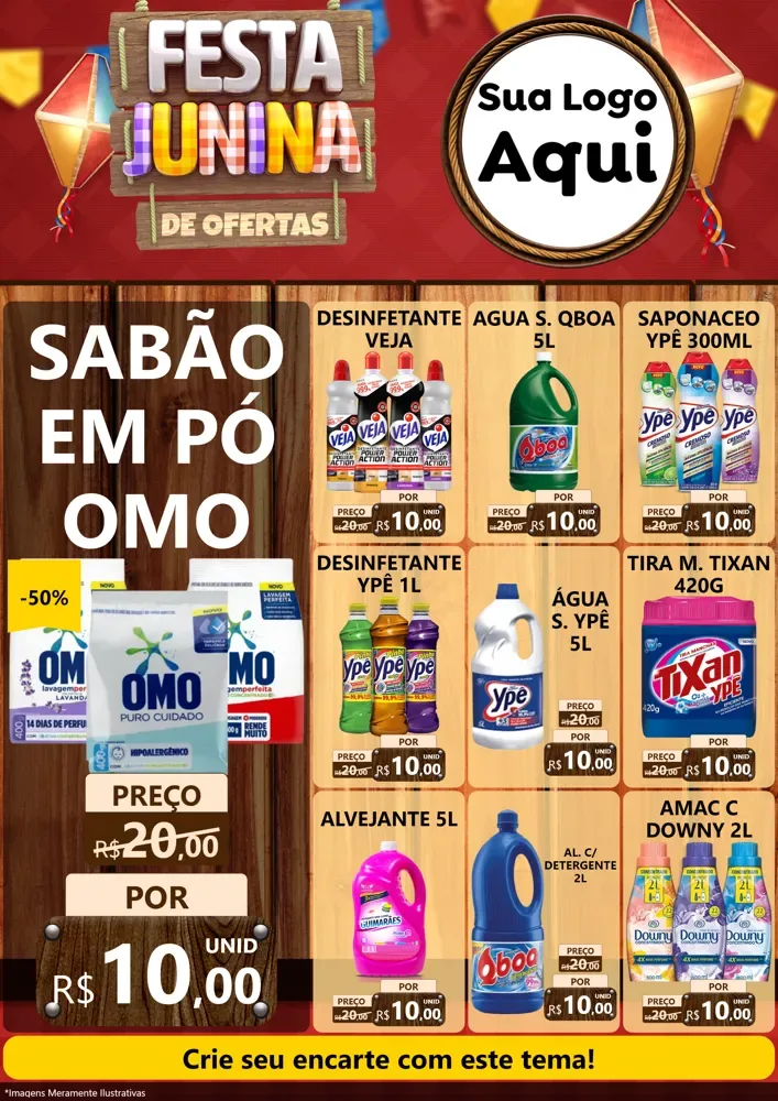 Modelo de Encarte para Encarte A4 Vertical com o tema Festa Junina de Ofertas para Produtos de Limpeza