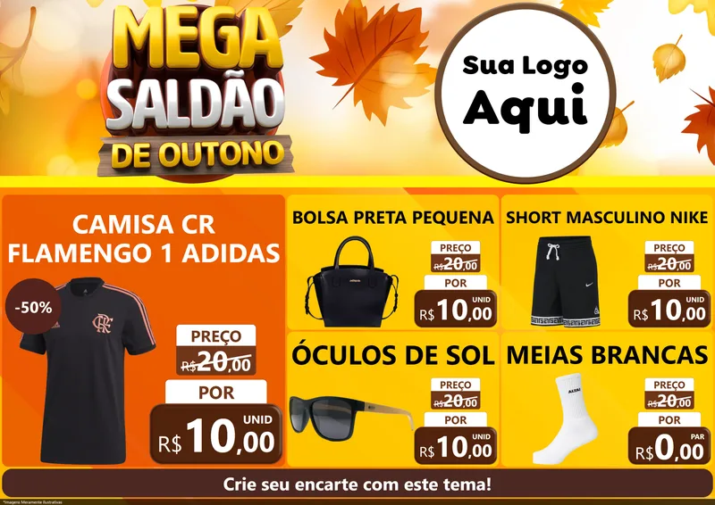 Modelo de Encarte para Encarte A4 Horizontal com o tema Mega Saldão de Outono para Roupas e acessórios