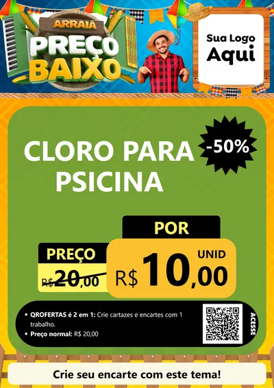 Modelo de Cartaz para Cartaz A4 Vertical com o tema Arraiá de Preço Baixo - Junina para Produtos para Piscina