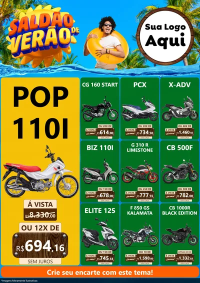 Modelo de Encarte para Encarte A4 Vertical com o tema Saldão de Verão para Concessionaria de Motos