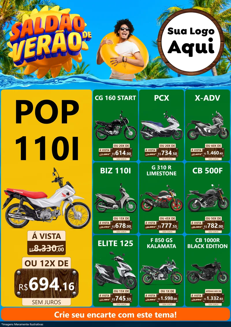 Modelo de Encarte para Encarte A4 Vertical com o tema Saldão de Verão para Concessionaria de Motos