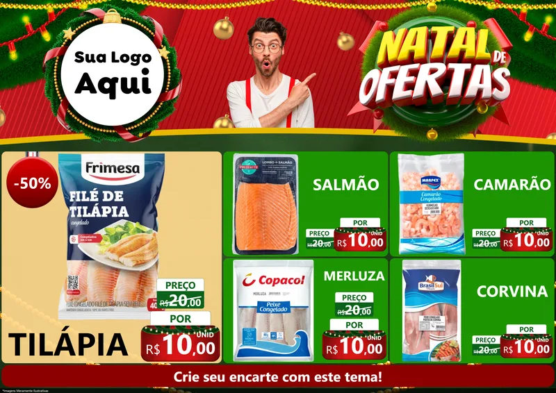 Modelo de Encarte para Encarte A4 Horizontal com o tema Natal de Ofertas para Peixaria