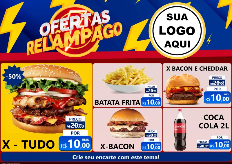 Modelo de Encarte para Encarte A4 Horizontal com o tema Ofertas Relâmpago para Hamburgueria