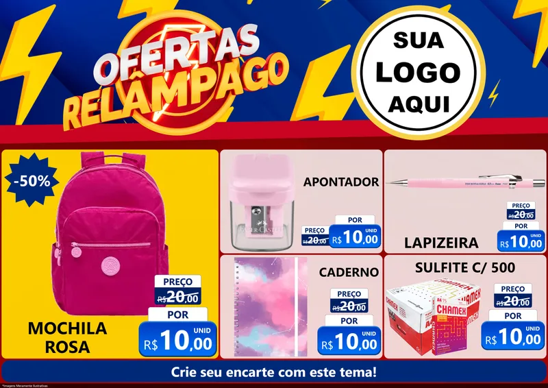 Modelo de Encarte para Encarte A4 Horizontal com o tema Ofertas Relâmpago para Papelaria