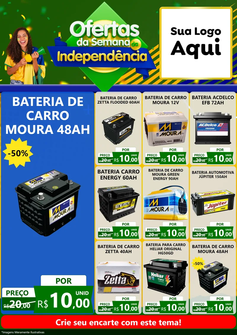 Modelo de Encarte para Encarte A4 Vertical com o tema Ofertas da Semana da Independência para Baterias Elétricas