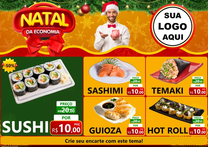 Modelo de Encarte para Encarte A4 Horizontal com o tema Natal da Economia para Comida japonesa