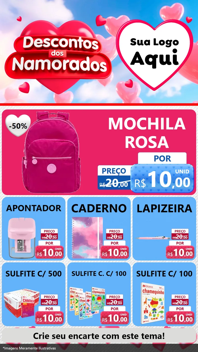 Modelo de Rede Social para Stories com o tema Descontos dos Namorados para Papelaria