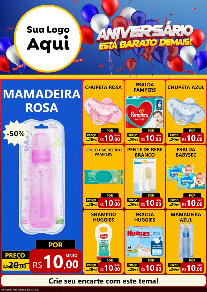Modelo de Encarte para Encarte A4 Vertical com o tema Aniversário para Bebês
