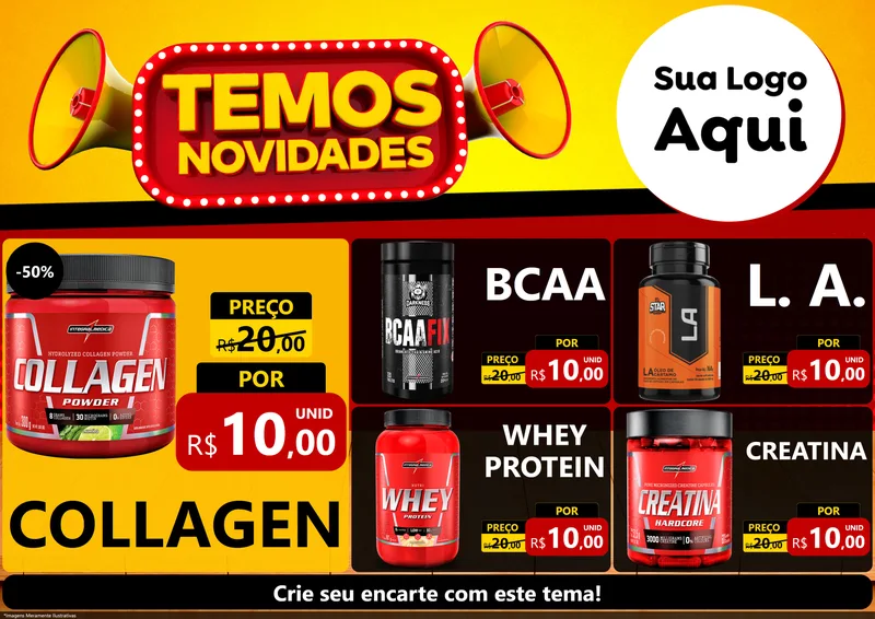 Modelo de Encarte para Encarte A4 Horizontal com o tema Temos Novidades para Suplementos alimentares