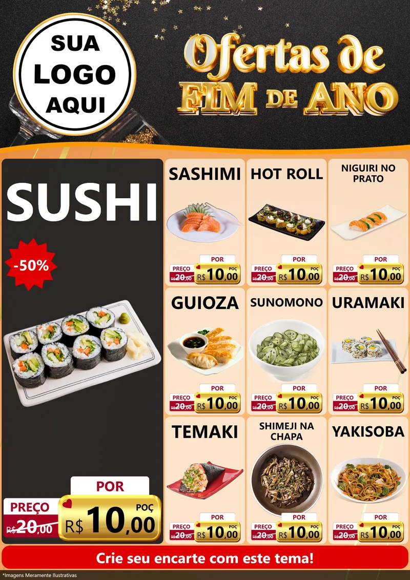 Modelo de Encarte para Encarte A4 Vertical com o tema Ofertas de Fim de Ano para Comida japonesa