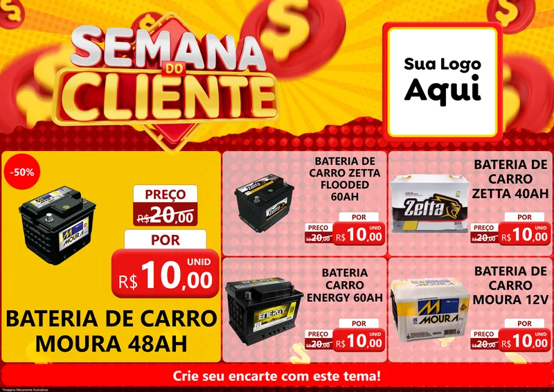 Modelo de Encarte para Encarte A4 Horizontal com o tema Semana do Cliente para Baterias Elétricas