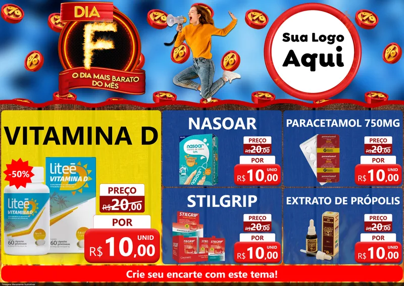Modelo de Encarte para Encarte A4 Horizontal com o tema Dia F - O Dia Mais Barato Do Mês para Farmácia