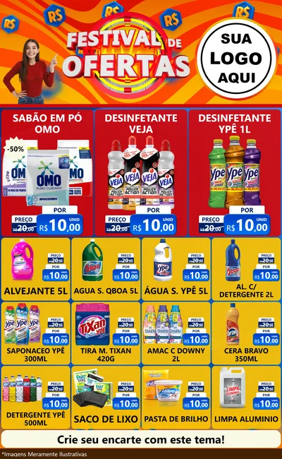 Modelo de Encarte para Encarte Grande com o tema Festival de Ofertas para Produtos de Limpeza