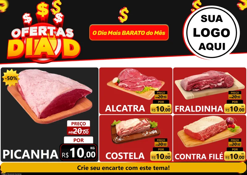Modelo de Encarte para Encarte A4 Horizontal com o tema Ofertas Dia D para Açougue