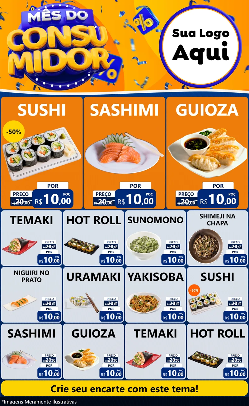 Modelo de Encarte para Encarte Grande com o tema Mês do Consumidor para Comida japonesa