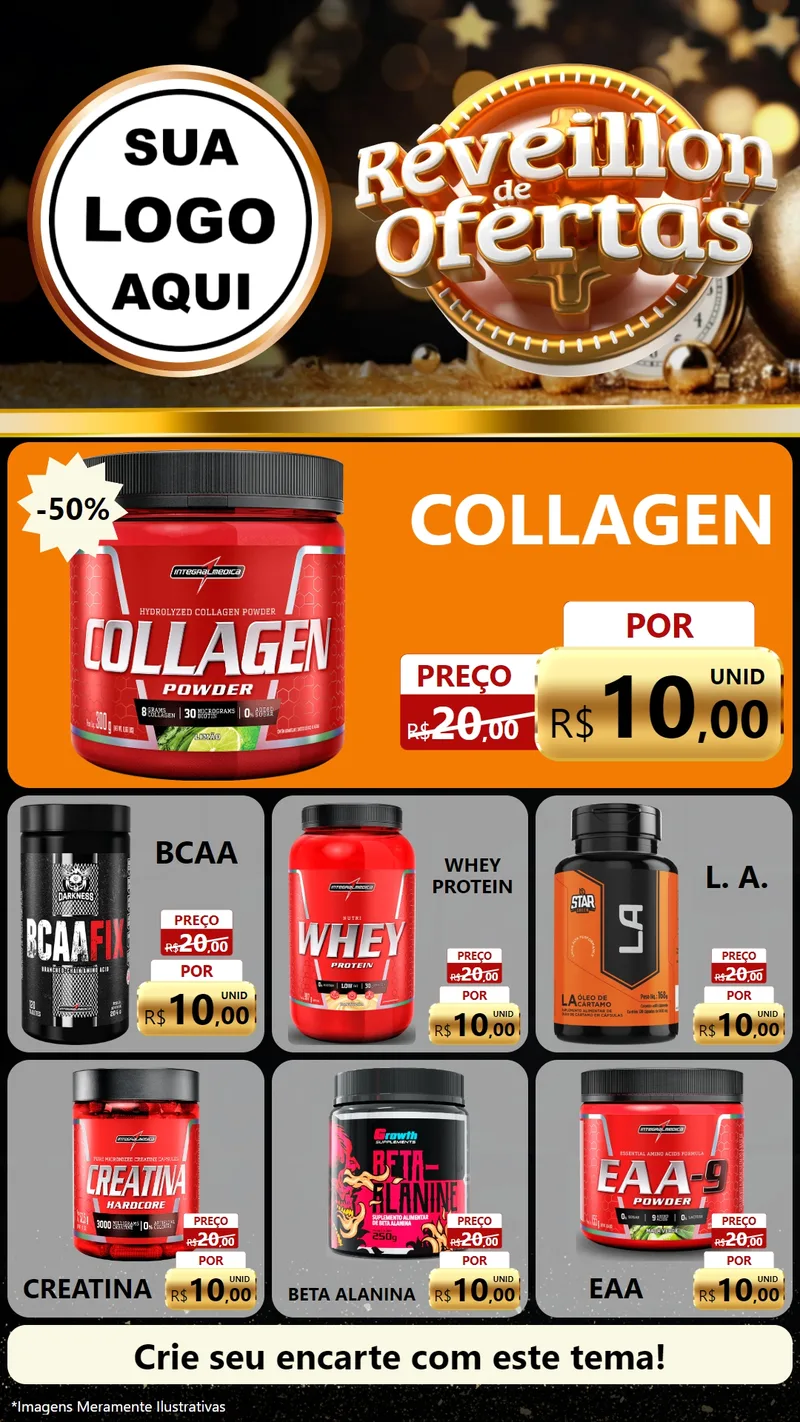 Modelo de Rede Social para Stories com o tema Réveillon de Ofertas para Suplementos alimentares
