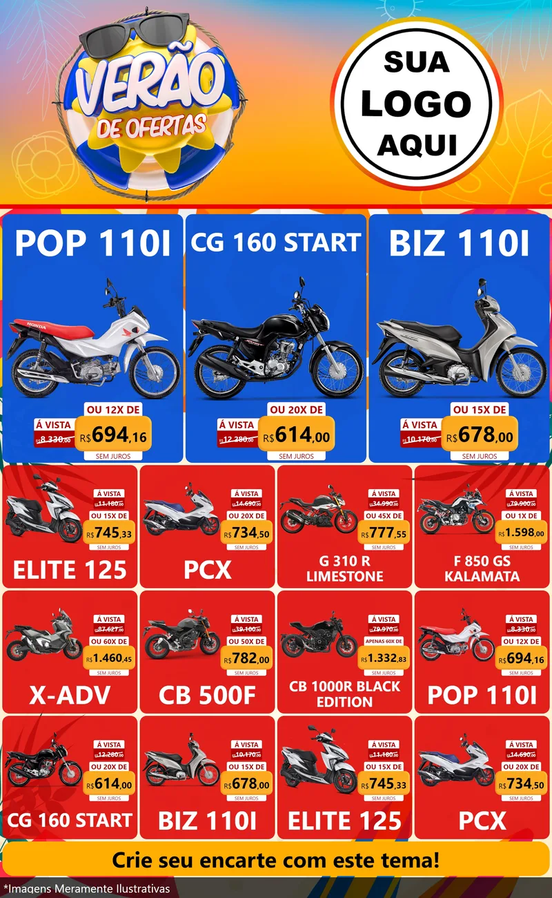 Modelo de Encarte para Encarte Grande com o tema Verão de Ofertas para Concessionaria de Motos