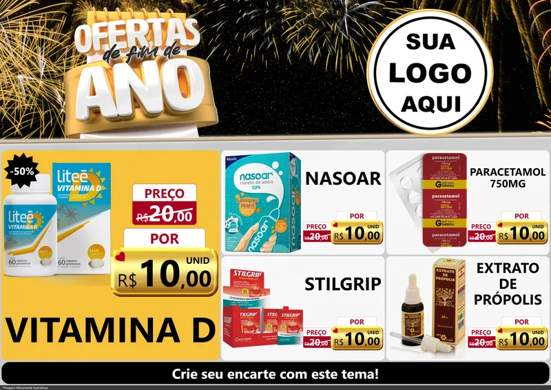 Modelo de Encarte para Encarte A4 Horizontal com o tema Ofertas de Fim de Ano para Farmácia