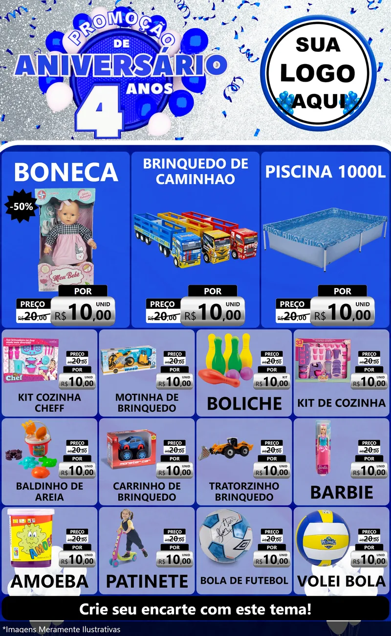 Modelo de Encarte para Encarte Grande com o tema Promoção de Aniversário - 4 Anos para Brinquedos