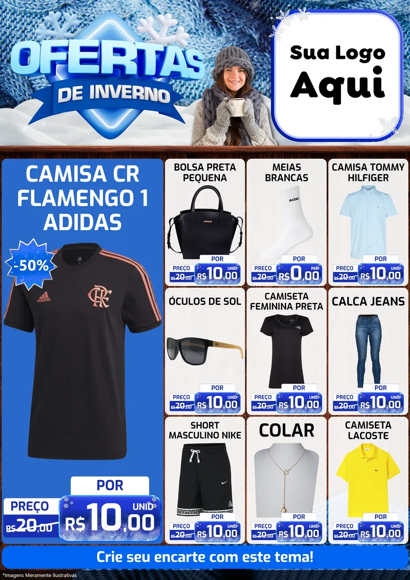 Modelo de Encarte para Encarte A4 Vertical com o tema Ofertas de Inverno para Roupas e acessórios