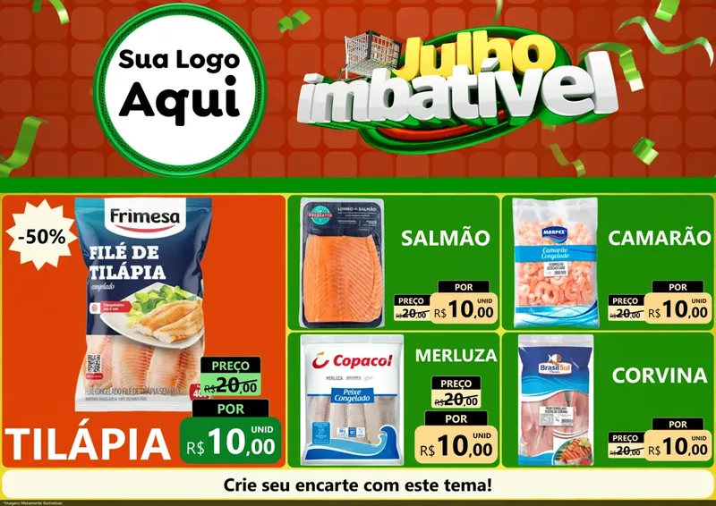 Modelo de Encarte para Encarte A4 Horizontal com o tema Julho Imbatível para Peixaria