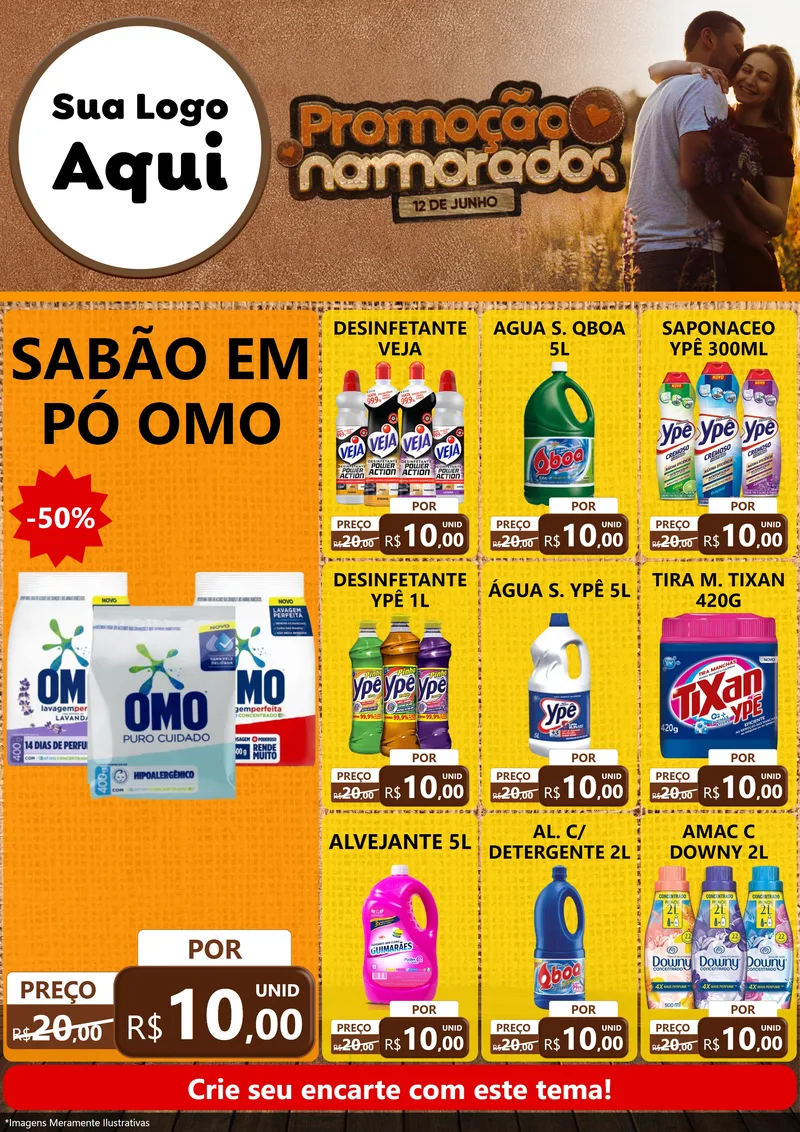Modelo de Encarte para Encarte A4 Vertical com o tema Promoção Namorados para Produtos de Limpeza